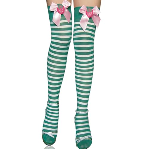 Women Stockings, Sweet Strawberry Bowknot Ribbed Over Knee Socks for Women Christmas Festivals Striped Thigh High2