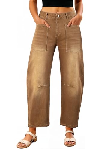 EVALESS High Waisted Barrel Jeans for Women Wide Leg Cropped Denim Pants Y2K Baggy Boyfriend Jean Chestnut Size 10