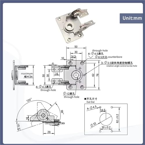 Charnière rotative amortissement du couple en inox 304 pour inclinaison parfaite