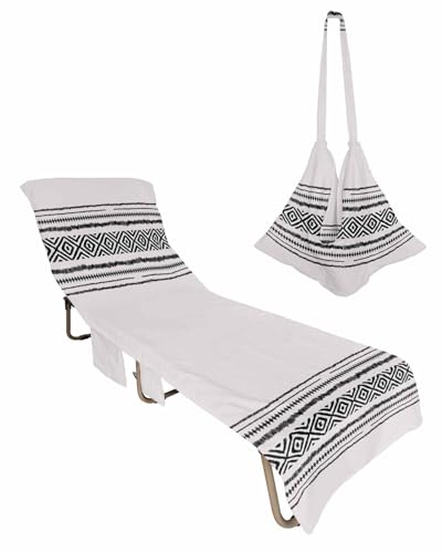 Beach Pool Patio Lounge Chaise Chair Cover Towel with Pockets,Grey Boho Absorbent & Quick Dry Microfiber Towel Cover Bag Summer Travel Accessories Retro Farmhouse Geometric Minimalist Stripes