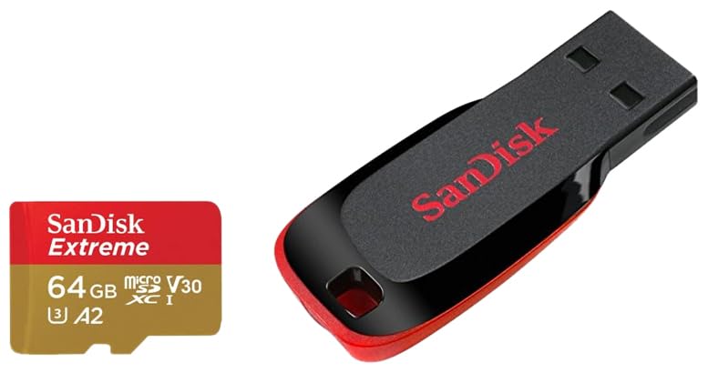 Image of SanDisk Extreme microSD UHS I Card 64GB for 4K Video on Smartphones,Action Cams 170MB /s Read,80MB /s Write & Cruzer Blade 64GB USB 2.0 Flash Drive