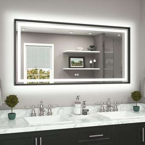 TETOTE 60 x 30 Large Bathroom Mirror Brushed Black Metal Frame Frontlit & Backlit Vanity Mirror 3 Colors White/Warm/Natural Stepless Dimmable Anti-Fog Bathroom Mirrors for Vanity Wall-Mounted