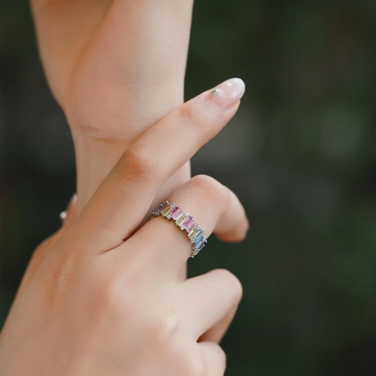 WES 925 Sterling Silver Colorful Rainbow Cubic Zirconia Eternity Rings for Women, Size 6-8 - Image 5