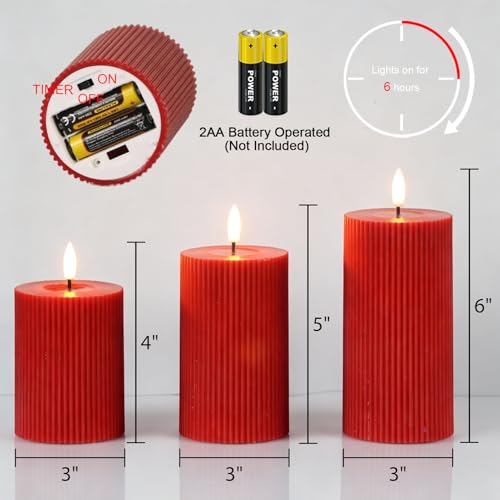 Image of Battery Operated Flameless Candles with 6 Hour Timer 3 Pack Real Wax Vertical Stripe 3D Wick Flickering LED Pillar Candles Dinner Wedding Christmas Holiday Decor(Red, 3 inch D x 5 inch, 6 inch, 7 inch H)
