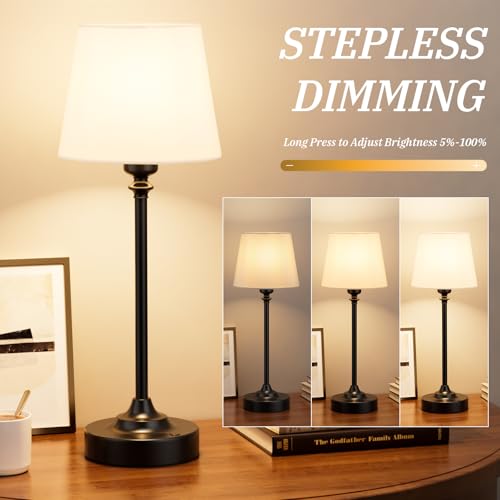 Image of Cordless Table Lamps Rechargeable Set - 2 Pack Black 4000mAH Battery Operated Lamps for Decor, 3000K Stepless Dimming Touch Control Wireless Lamps for Bedroom, Dining Table, Living Room, White Shade