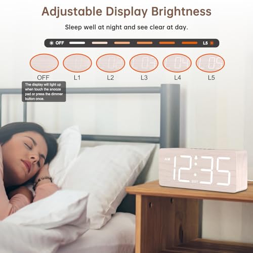 DreamSky Wooden Digital Alarm Clock for Bedroom - Desk Clock for Living Room with Large Numbers, Dimmer, Loud Alarm for Heavy Sleepers with Volume Control, DST, Office Wood Decor (Plug in Clock) - Image 5
