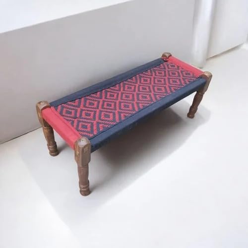 Image of Handwoven Wooden Bench | Traditional Rope Charpai Stool | Solid Wood Frame Seating for Living Room, Balcony & Outdoor | Durable & Stylish Design (Black & Red Finish)
