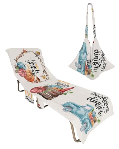 Thanksgiving Harvest Beach Chair Towel Covers for Chaise Lounge with Side Pocket, Soft Plush Pool Towels Cover for Patio Sunbathing Outdoor 29''x85'' Fall Pumpkin Gnomes Mushroom Truck