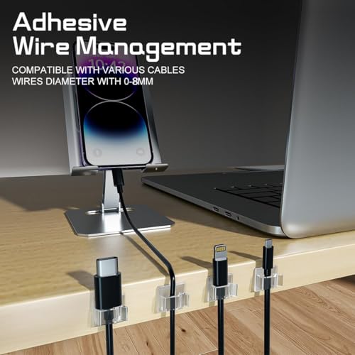 Image of 50 Pcs Clear Adhesive Cable Clips for Desk, Wall | Strong self-adhesive clips organise charging wires, TV cables and cords on desks, walls and car surfaces without drilling