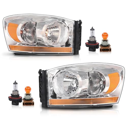 PIT66 Headlights Assembly Headlamps with Light Bar Pair Compatible with Dodge Ram 1500 2006 2007 2008 /Fit Ram 2500 3500 2006-2009 (Fit w/Bottom Amber