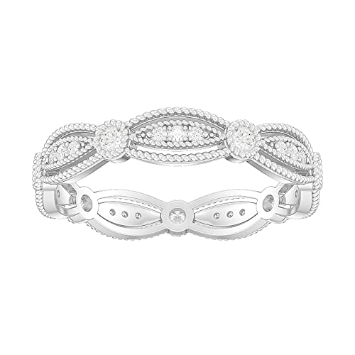 10K White Gold Fancy Marquise Shape Milgrain Simulated Round Brilliant Diamond or Genuine Moissanite Ring Wedding Band