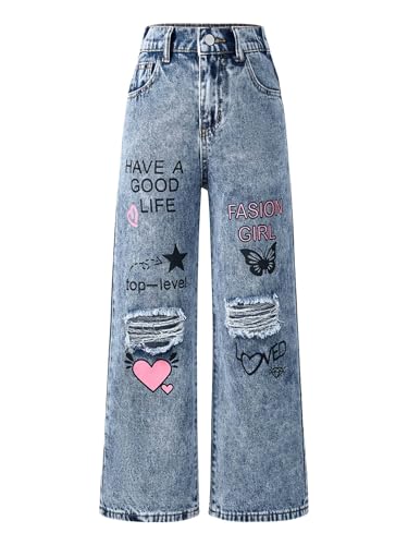 Kids Girls Ripped Jeans Baggy Wide Leg Denim Pants Casual Straight Leg Trousers Elastic Waist Cowboy Bottoms