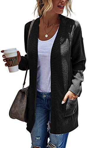 Hibluco Women's Long Sleeve Knit Sweater Open Front Cardigan Outwear with Pockets Black