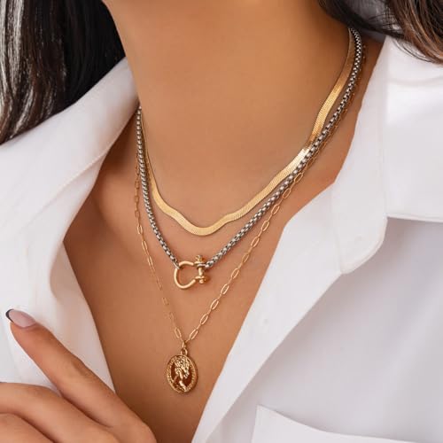 Layered Necklaces for Women Chunky Silver Necklace Coin Paperclip Stacked Necklace Trendy Statement Jewelry4