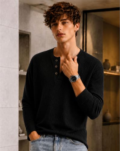 Image of AUSK Men's Waffle Knit Henley T-Shirt | Cotton Blend Full Sleeve Textured Casual T Shirt | Regular Fit Button Placket Round Neck Tshirt for Men