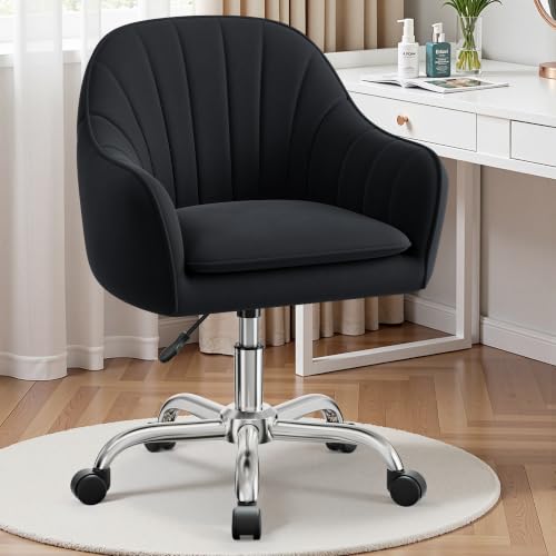 Image of Home Office Desk Chair, Vanity Chair with Wheels, Adjustable Modern Velvet Makeup Chairs for Bedroom Living Room-Black (Silver Base)