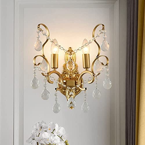 BLOOHK Aplique de pared cristal dorado lujo, elegante lámpara interior metal, moderna montada en la for cabecera dormitorio, sala estar, pasillo(2-lights)