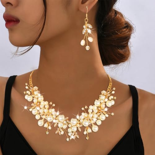 Sixexey Bridal Wedding Jewelry Set Gold Pearl Necklace Jewelry Crystal Rhinestone Necklace and Earrings Prom Costume Jewelry for Women and Brides3