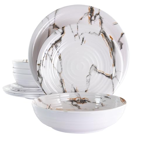 Elama Lightweight Dinnerware Set, 12 Piece, White Marble Elama Lightweight Dinnerware Set, 12 Piece, White Marble