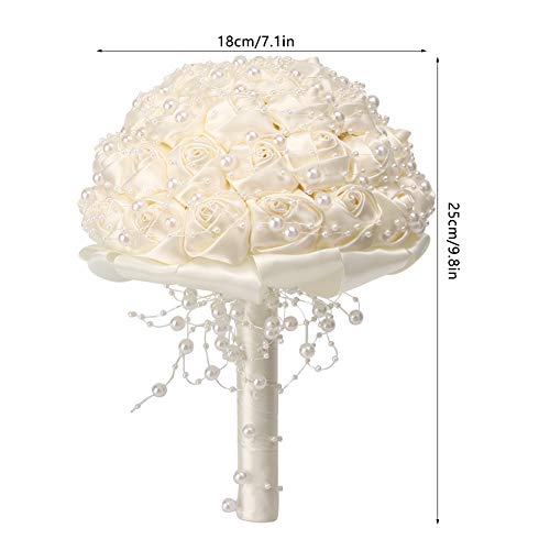mumisuto Hand Made Wedding Flowers Bridal Bouquets Crystal Bride Holding Bouquet White Ivory Satin Roses with Diamond Pearl Ribbon - Image 2