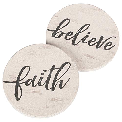 Faith Believe Script Design White 2.75 x 2.75 Absorbent Ceramic Car Coasters Pack of 2