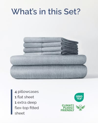 Image of Extra Deep Flex Top Split Head King Sheet Set - 6 Piece Breathable and Cooling Sheets - Hotel Luxury Bedding for Women, Men, Kids & Teens - Easy Secure Fit - Extra Deep Pockets - Heathered Blue