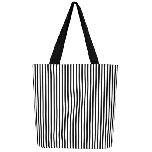 Castle Fairy Vertical Striped Canvas Tote Bag Aesthetic for Women Teens,Black White Reusable Grocery Handbag,Minimalist Stripes Shopping Canvas Bags,Farmhouse,19.7" Wx15.7 L