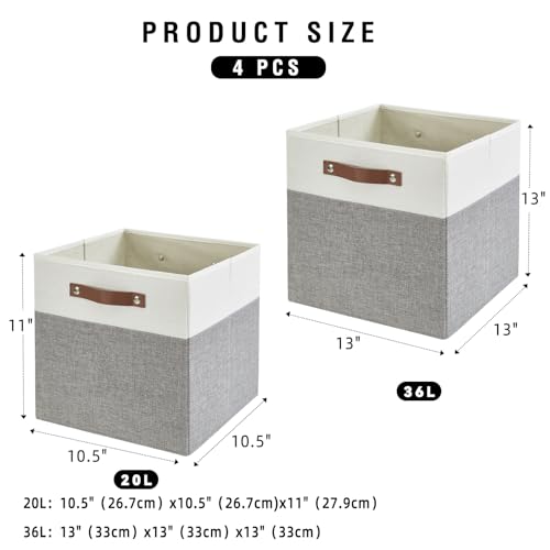 Collapsible Fabric Storage Cube Bins with 2 Reinforced PU Handles, Foldable Storage Organizer Baskets for Closet, Shelves, Living Room | 13"x13"x13", 4 Pack, Gray & White - Image 3