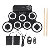 Naroote Roll up Electronic Drum Set for Kids Rechargeable Silicone Pad Practice Kit Built in Sound Effects with Pedals & Wooden Drumsticks, Long Playtime, Christmas Gift