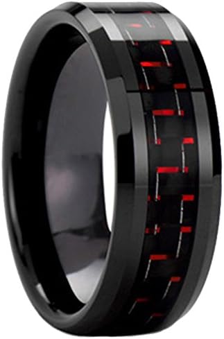 Black Tungsten Carbide Black Red Carbon Fiber Inlaid Wedding Band Ring - 8MM(10)