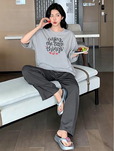 Image of KSHS Printed Round Neck Short Sleeve Nightsuit Set | Pajama Set | Casual Night Dress for Women