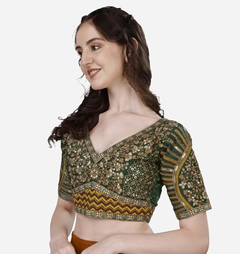 Image of Pujia Mills Mills Women's Fancy Readymade Heavy Coding Embroidary Worked Half Sleeve Multicolor Saree Blouse(Mushroom)