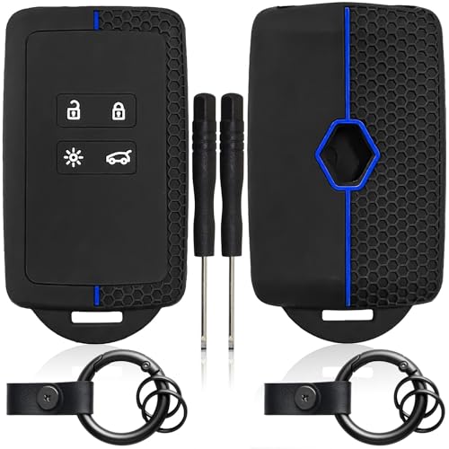 2 Pièces Boîtier pour Clé de Voiture Compatible Re~nau//lt Smart Key 4-Bouton avec 2 Porte-clés Coque en Silicone Souple avec Keychain Cover pour...
