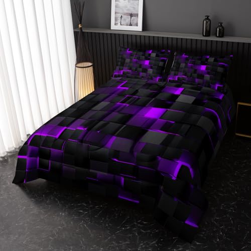 Image of Nttopship Neon Purple Black Comforter Set Full Geometric Kids Bedding Set,3 PCS Geometry Honeycomb Bed Set Modern Quilt Set 1 Comforter 2 Pillow Cases Cool Room Decor All Season B-Side Black