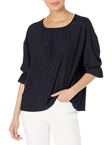Lucky Brand Women s ¾ Sleeve Jewel Neck Dot Jacquard Top, Navy, S