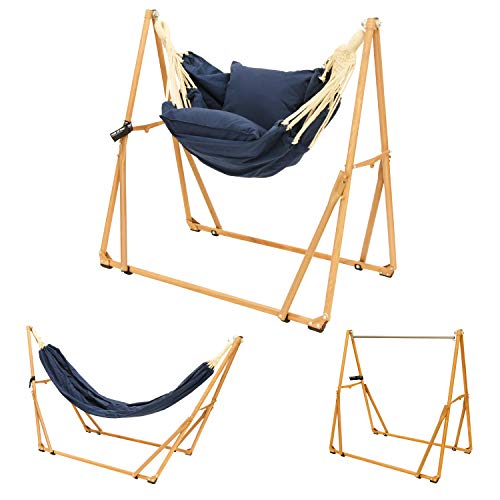 [レビール オブ リバー] revir of river 3WAY ハンモック 自立式 スタンド フレーム クロス クッション セット チェア ハンガーラック 室内 インテリア ソファ (フレームカラー：ナチュラルウッド, クロスカラー：ネイビー)