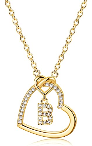 LIHELEI Collar para Mujer, S925 Plata A-Z - Colgante Inicial de Nombre con Piedras de Circonita de Corazón Collar para Mamá, Novia, Cumpleaños Navidad Aniversario día de San Valentín Regalo - B-Oro