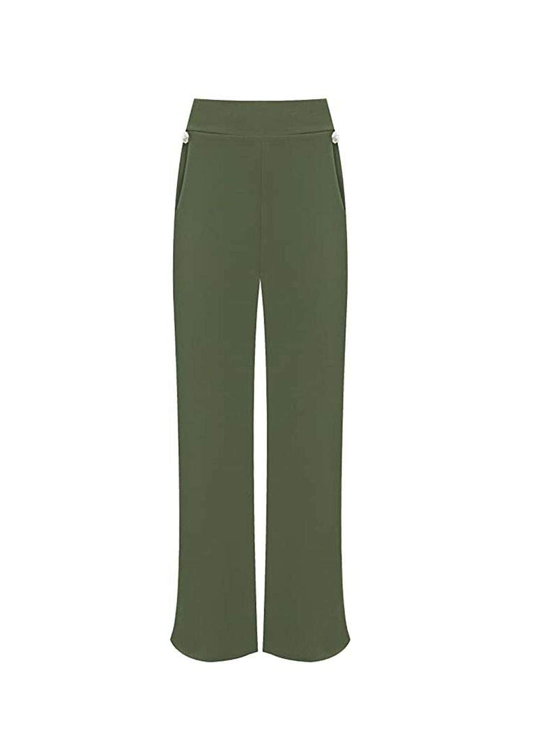 H&F ® New Women's Ladies 2 Pocket Button Trousers Wide Leg Plain Palazzo Casual Wear Pants Size 14 16 18 20 22-24 26-28(14) Khaki Green