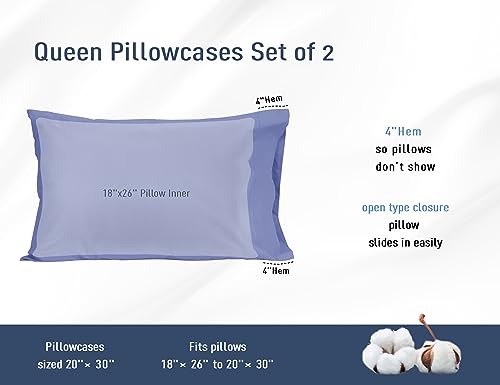 Pillow Cases, Standard Queen Size Cotton Percale Weave Pillowcases, Pre-Shrunk Breathable and Hypoallergenic Pillowcases, Set of 2 (2 Piece Standard/Queen 20 Inch x 30 Inch, Purplish Blue)