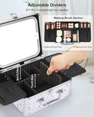 Image of Relavel Makeup Bag with LED Mirror, Makeup Box Travel Train Case with Rechargeable Lighted Mirror, Cosmetic Brush Organizer Storage for Makeup Artists Gifts for Women and Girls, Shining Star