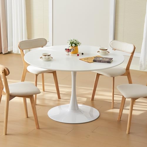 Hansweld 43.5 Tulip Table Round Dining Table with Thickened Tabletop & Metal Pedestal Mid Century Modern Bistro Circle Table for Kitchen Small Places Living Room Cafe (White)