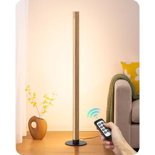EDISHINE Wood Floor Lamp, Upgraded Dual-Sided Lighting, Minimalist Floor Lamps for Living Room, Corner Floor Lamp with Remote/Foot Control, 7CCT & Dimmable Corner Lamp for Bedroom, Office, W