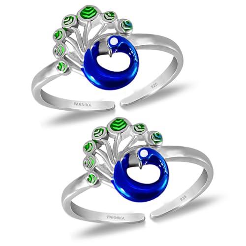Image of Parnika MJ Exuberant Colourful Peacock Design Toe Rings in Pure 92.5 Sterling Silver for Women | Chandi bichiya | With Certificate of Authenticity |