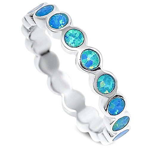 Oxford Diamond Co Round Lab Created Blue Opal Eternity Style Band .925 Sterling Silver Ring Size 6