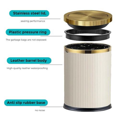 Image of 4 Gallon Bathroom Trash Can with Swing Lid, Large Gold White Garbage Can, Fancy, Big Leather Waste Basket, for Girls Bedroom Kitchen Powder Room (15L White)