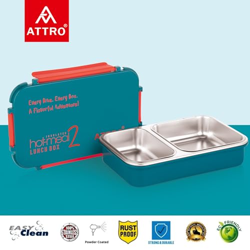 Image of ATTRO Hot-Meal 2 Insulated Lunch Box with 2 Compartment, Inner Stainless Steel & Locking Lid BPA-Free Food Grade Ideal for School, Office - 800ml Dark Blue