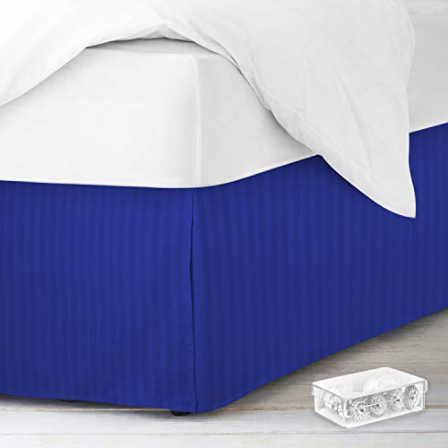 Image of Nestl King Bed Skirt - Damask Dobby Stripe Wrap Around Bed Skirt King Size - Double Brushed Microfiber 14 in Tailored Drop Pleated Bed Ruffle with Bed Skirt Pins - Royal Blue