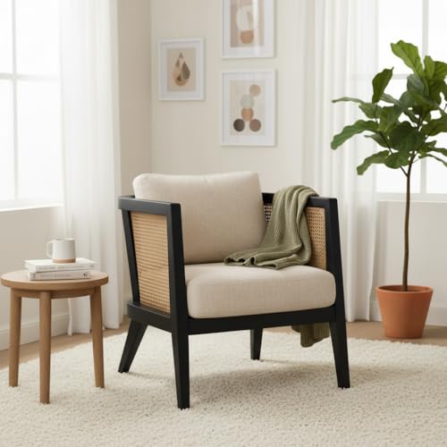 Image of APRODZ Solid Wood Accent Chair for Living Room Mid Century Modern Wooden Upholstered Armchair with Cushion Lounge Chair Cane Back Wooden Frame for Living Room Bedroom Office Seating (Black)
