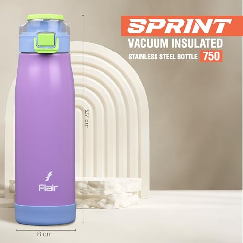 Image of FLAIR Sprint 750ml Vacuum Insulated Water Bottle - 304 Stainless Steel, Double Wall Thermos Flask, Leak-Proof, BPA-Free (Purple)