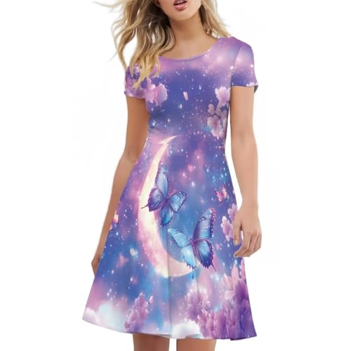 Image of HUGS IDEA Womens Puffy Swing Midi Dress Round Neck Short Sleeve Party A-Line Dresses